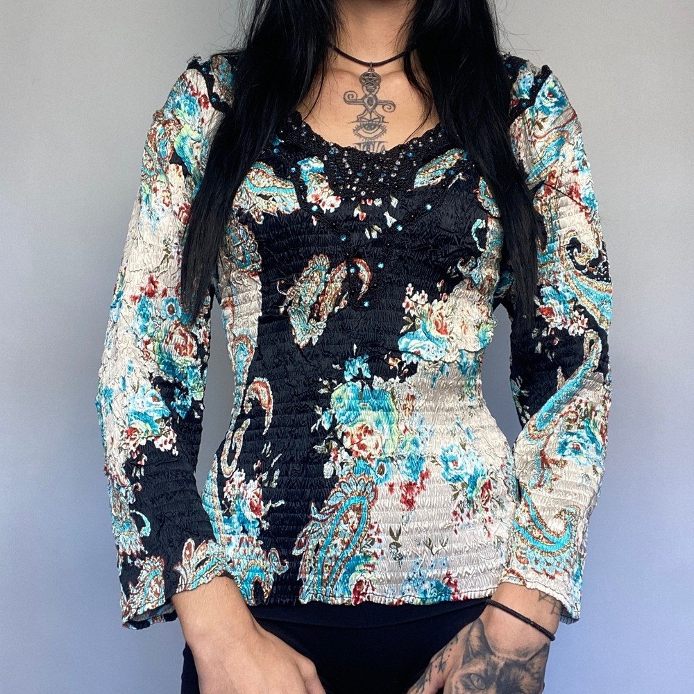Y2K Boho Paisley Crinkle Top Black Cream Crochet Trim Beaded Neckline Blouse Lg